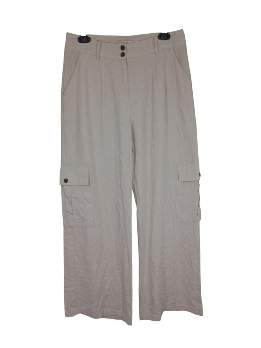 Afrikana Womens Beige 100% Linen Wide-Leg Cargo Pants With Pockets Size Medium